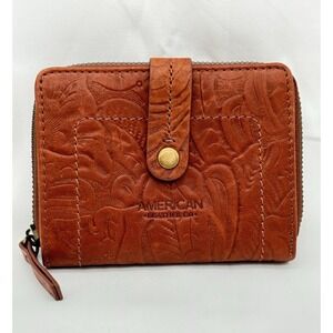 American Leather Co Colorado Wallet Brandy Tooled Womens Bifold Zip Coin NWOT